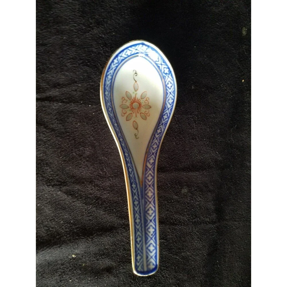 Vintage Porcelain Tienshan rice flower Spoon China, marked blue white red gold